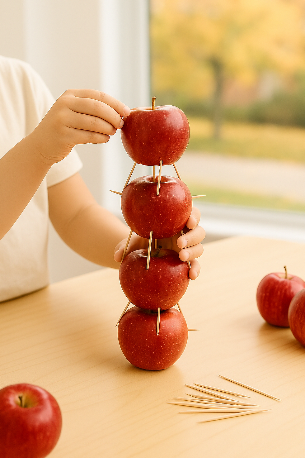 Child building an apple tower STEM activity with apples and toothpicks.