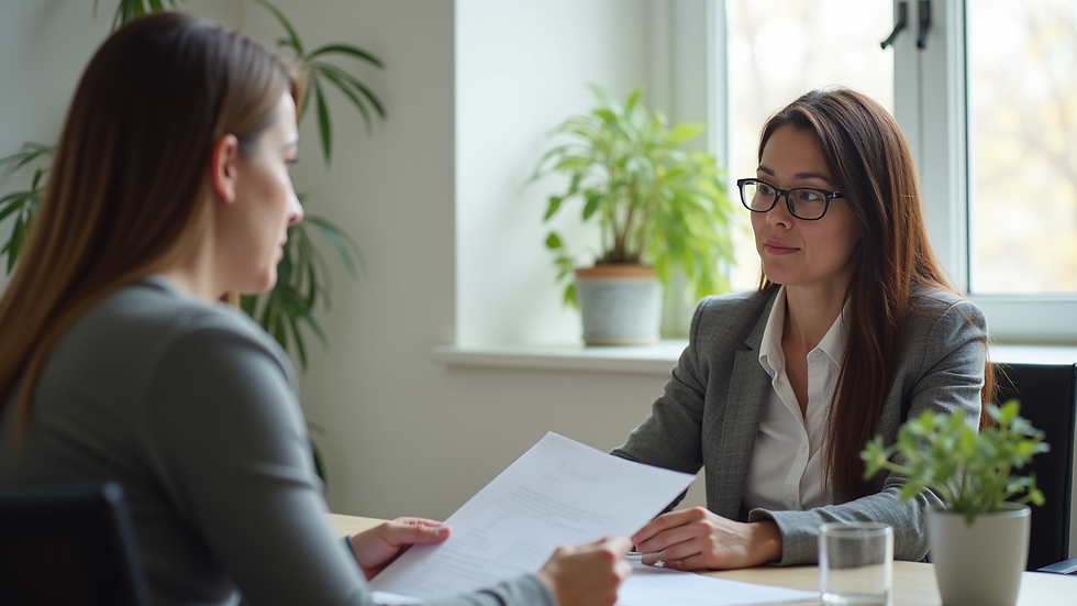 Close-up view of a counselor and client discussing a recovery plan in a bright office