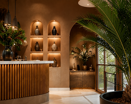 Projet d'architecture d'intérieur signé Atelier Lemena, inspiré de l'Afrique contemporaine avec des niches en terre, des matières naturelles et une décoration élégante.