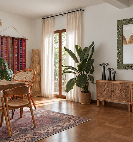 Tenture multicolore, monstera et fauteuil en rotin.png