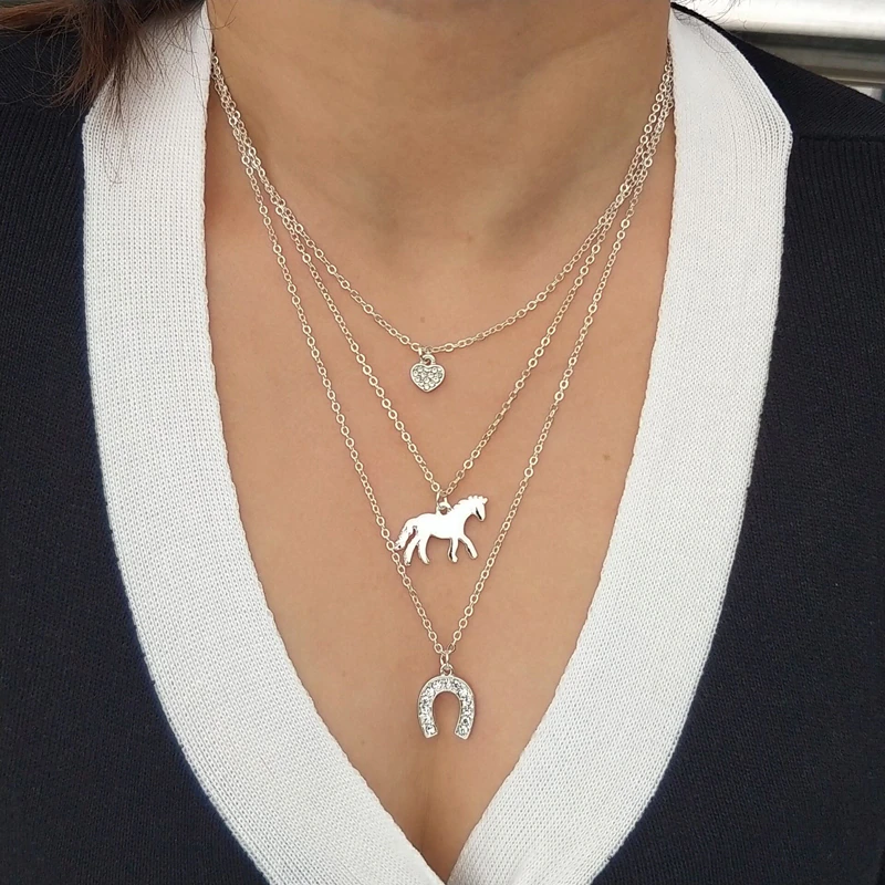 Thumbnail: hzew 3 Layers horse necklace heart  horse  Horseshoe pendant necklaces