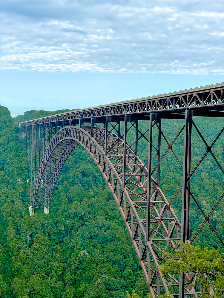 A close up view of New River Gorge Bridge with greenery around it 