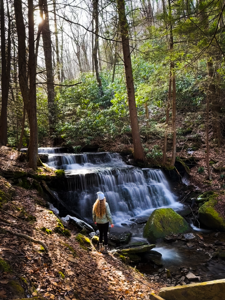 a girl stands near a waterfall in a forest