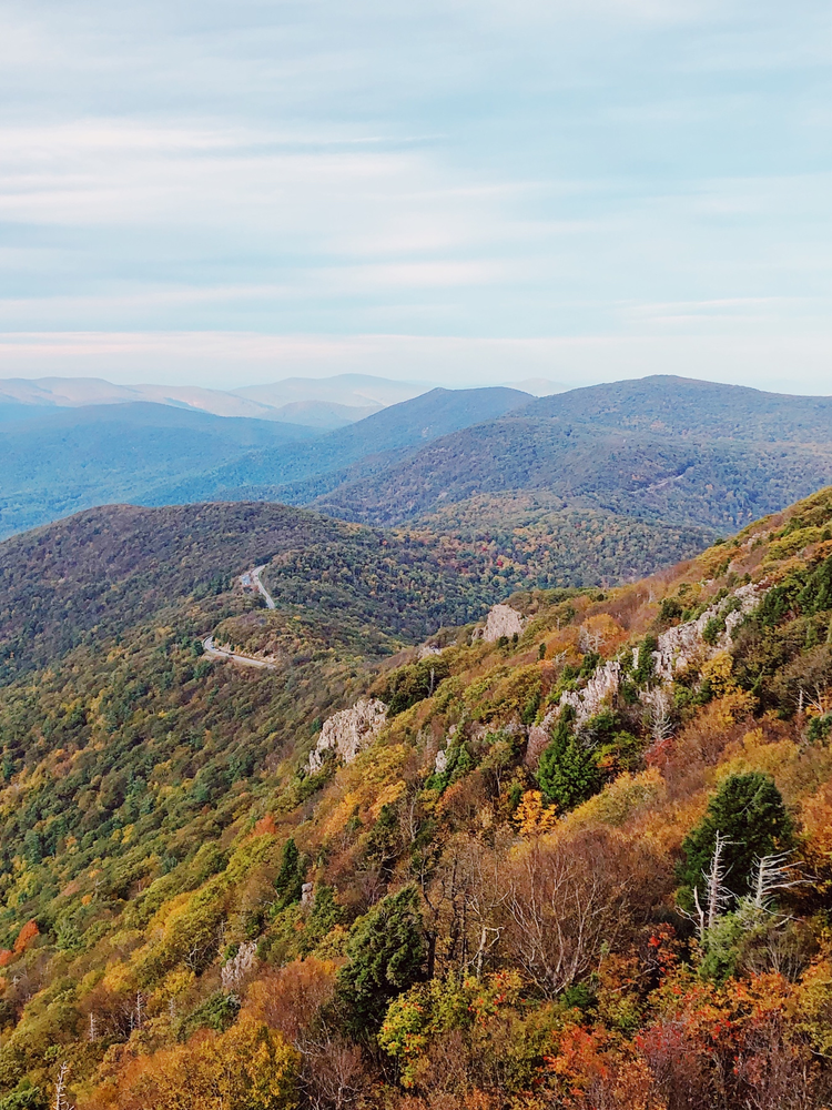 Layers of mountains with fall foliage 