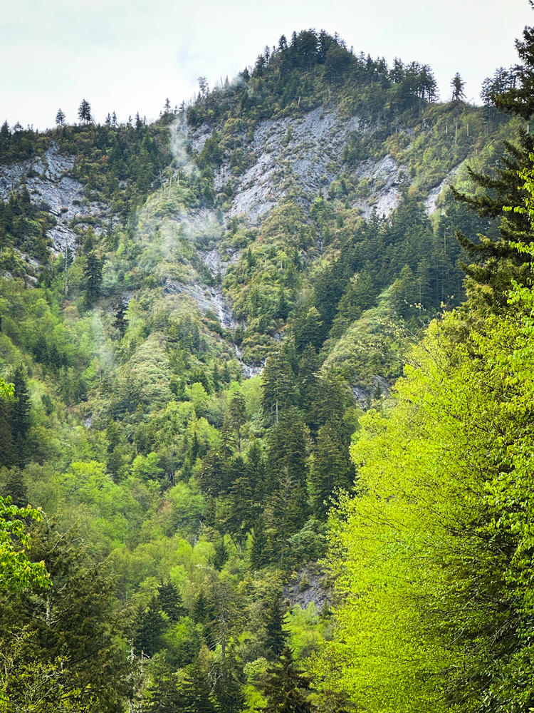 A waterfall cascades down a tall mountain peak