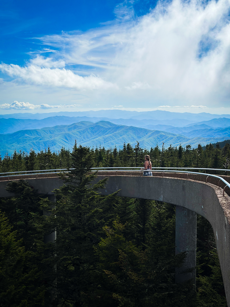 A girl stands on a raised boardwalk path to an observation tower 