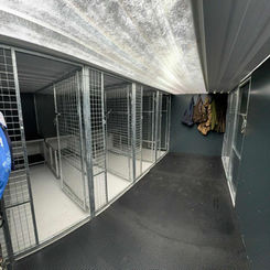 The interior of a metal kennel space has multiple enclosed dog cages