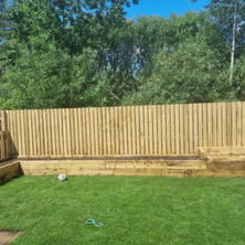 A sunny backyard featuring a wooden fence and a small garden bed with trees