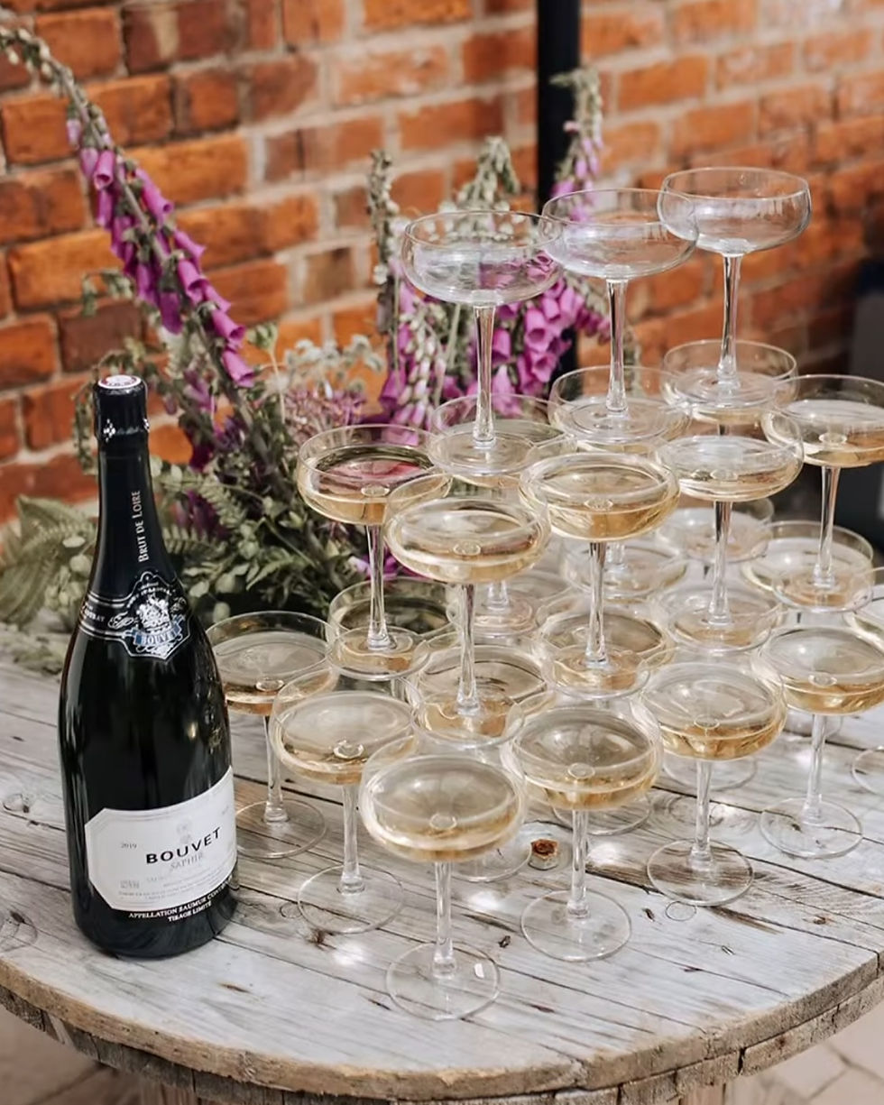 High angle view of a beautifully arranged champagne tower