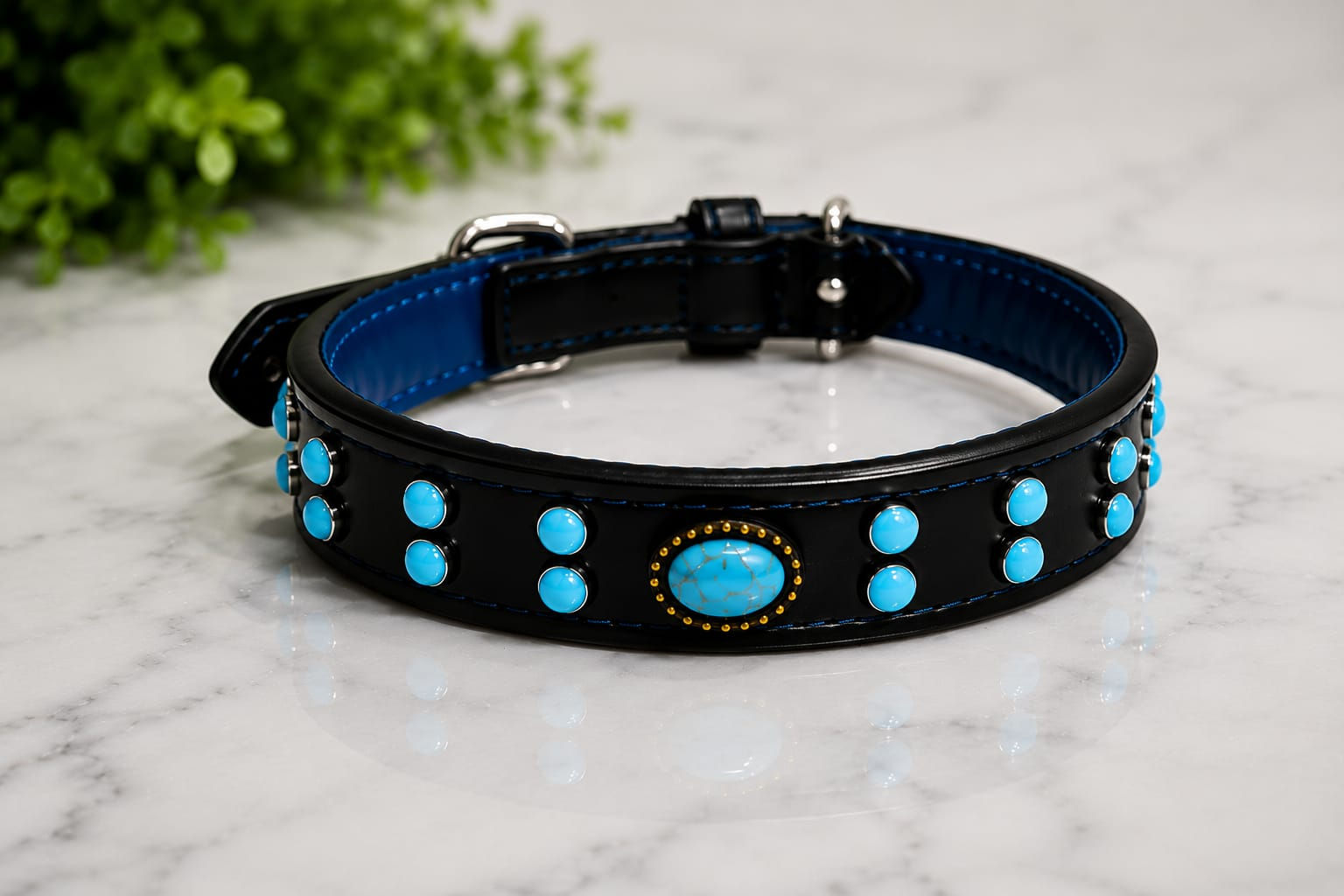 Turquoise Stone Studded Leather Dog Collar