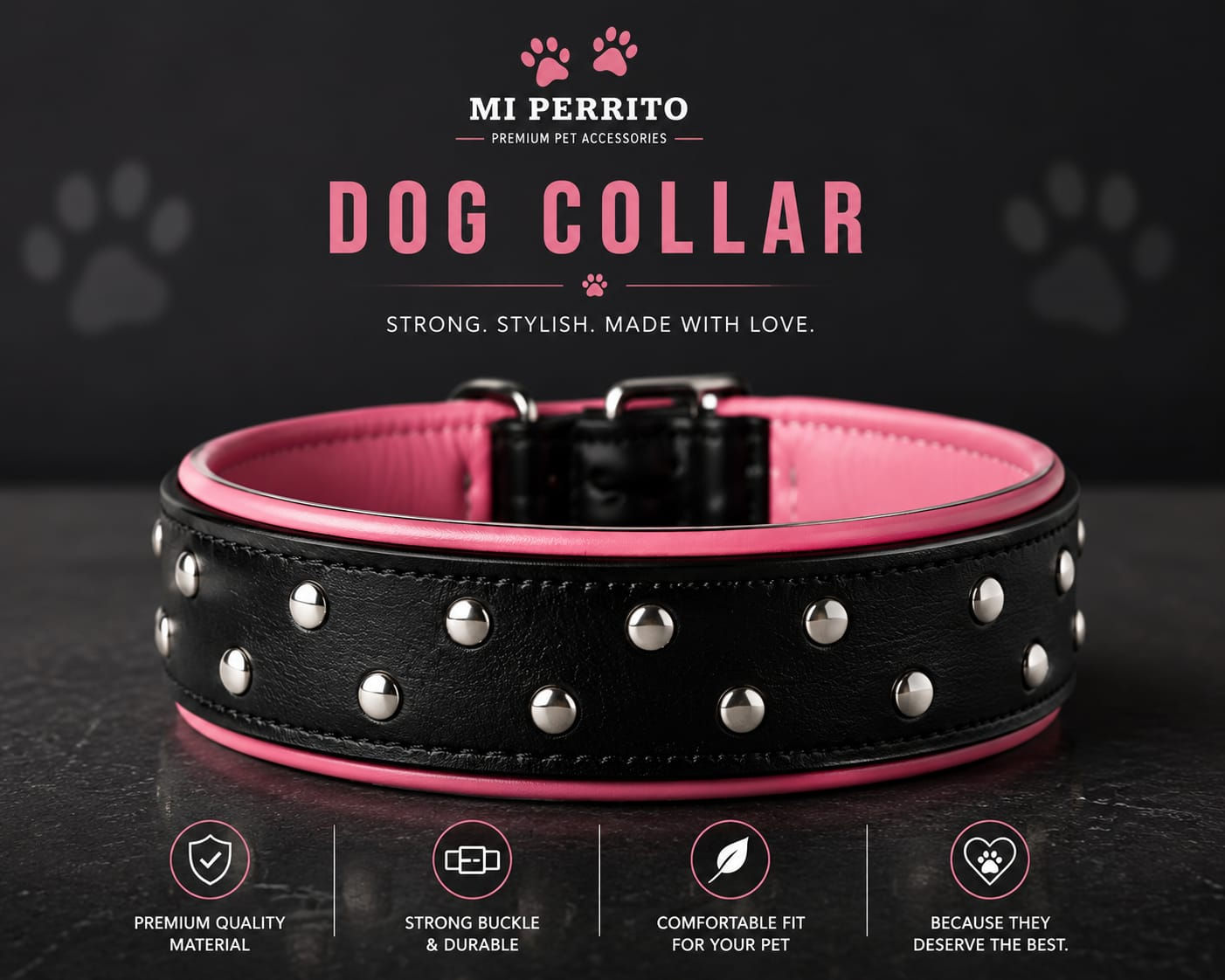 Clincher Genuine Leather Studded Dog Collar with Soft Padding - Heavy Duty