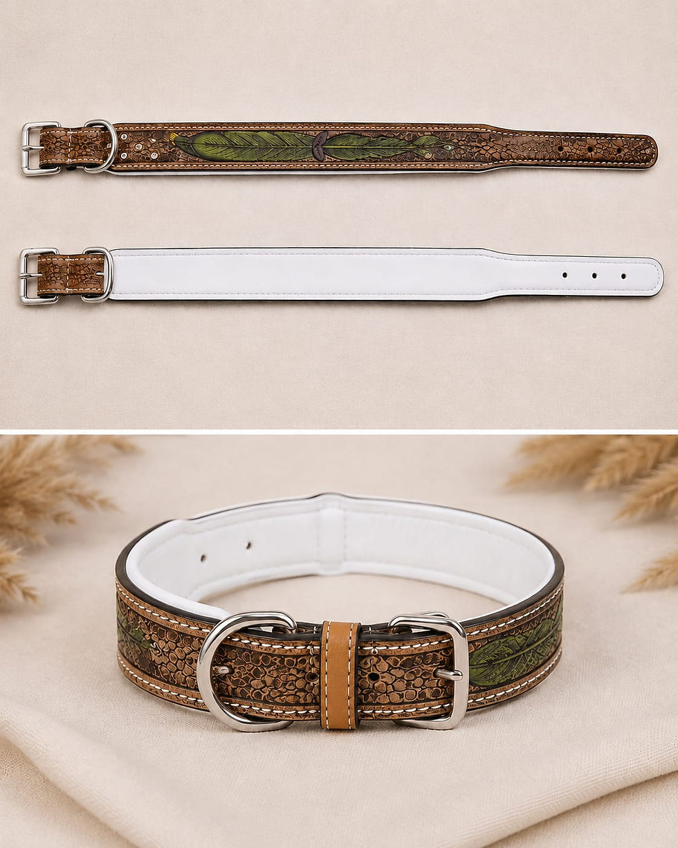 Thumbnail: Artisan Hand Tooled Tan Leather Dog Collar Unique Green Feather Engraved Design 