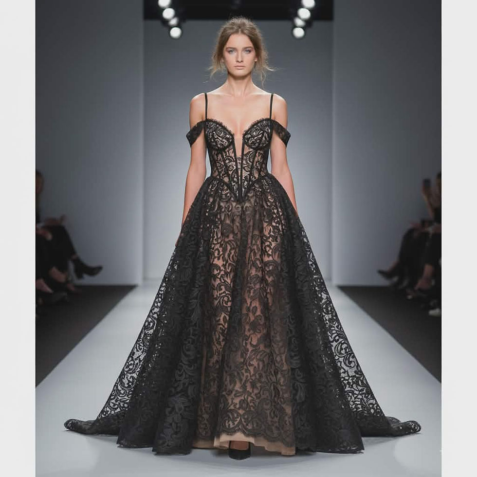 Vue de face d'une robe noire fluide avec détails en dentelle sur un mannequin