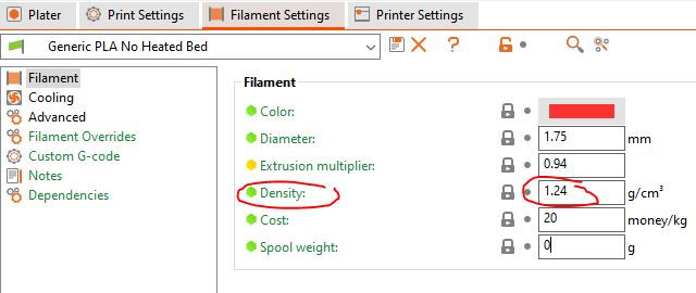 Filament density settings in PrusaSlicer