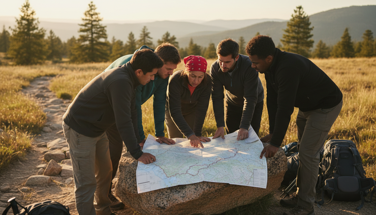 Eye-level view of hikers checking a paper map beside a rocky track.