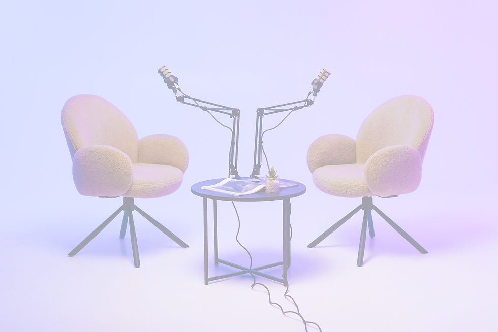 Two modern chairs with microphones set up for a podcast recording in a stylish studio at d