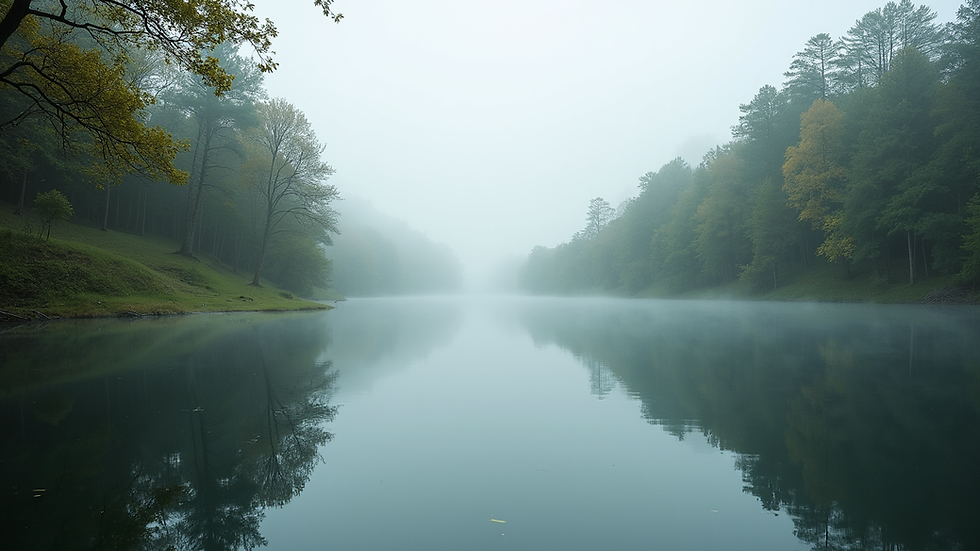 Close-up view of a serene landscape with a calm lake and surrounding trees