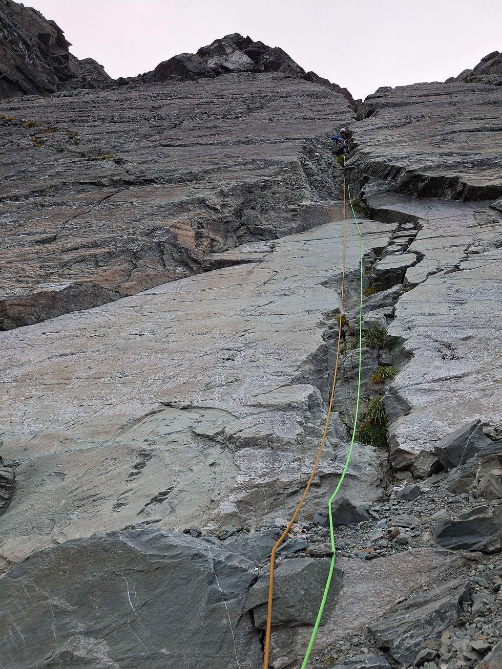 Mason in the big Off width, middle of simul block. The slab next to it would be an awesome pitch! The large white roof on the skyline is where you are heading.