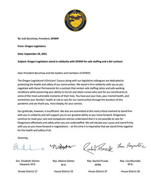 Oregon legislators stand in solidarity with OFNHP for safe staffing and a fair contract
