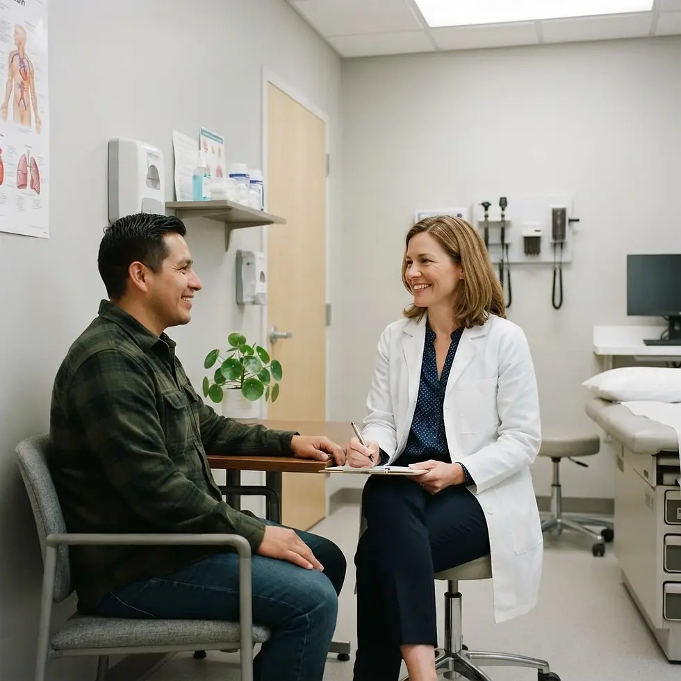 Studio photography of a doctor in a white coat conversing with a male patient in an examination room. The medical professional listens attentively while taking notes, creating a scene of patient care.