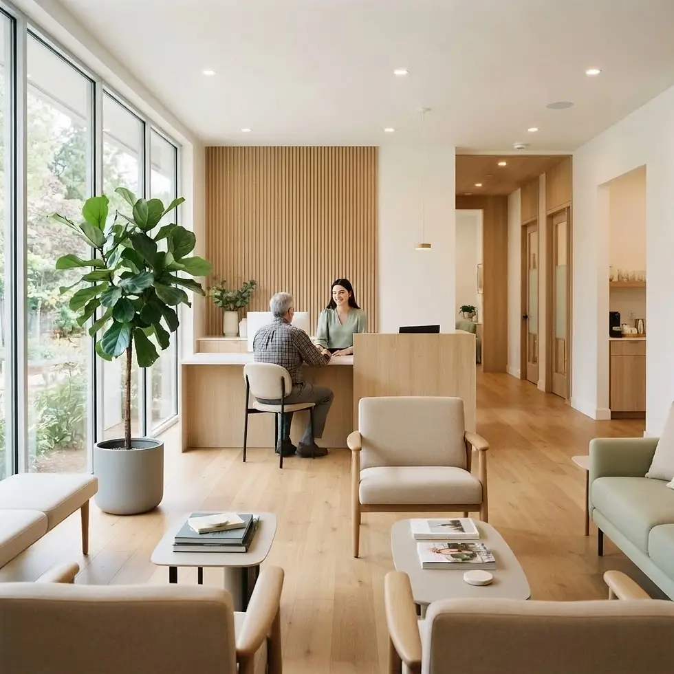 Interior photography of a modern reception area where a staff member assists a client at the desk. The space is bright and welcoming with natural light.