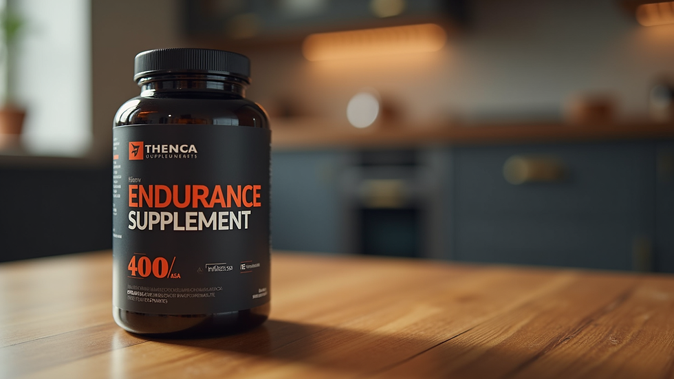 Close-up view of a bottle of male endurance supplements on a wooden table