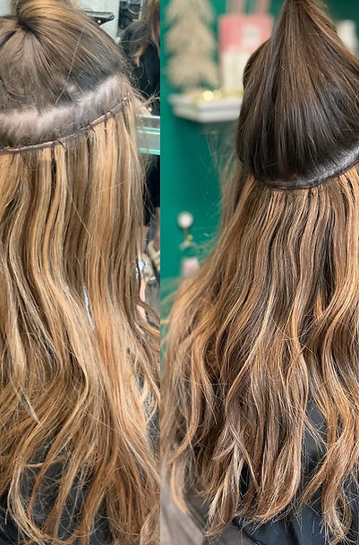 A before and after picture of hand tied extensions on a young female woman in a salon chair