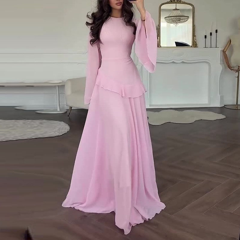 Miniatura: Robes for Woman Elegant O Neck Solid Ruffles Party Pleated Dress Spring Autumn F