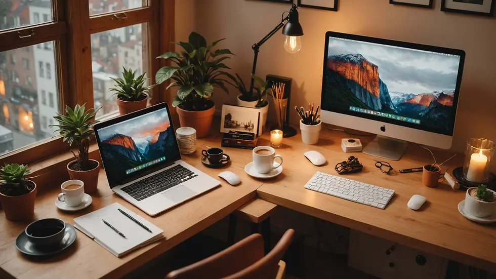High angle view of a cozy workspace decorated with warm tones