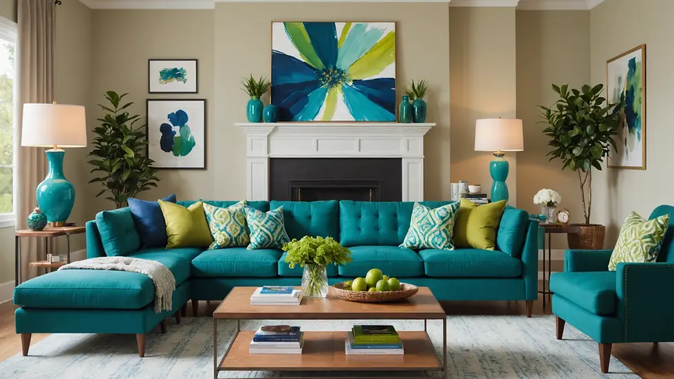 Eye-level view of a vibrant living room featuring bold blue and green accents