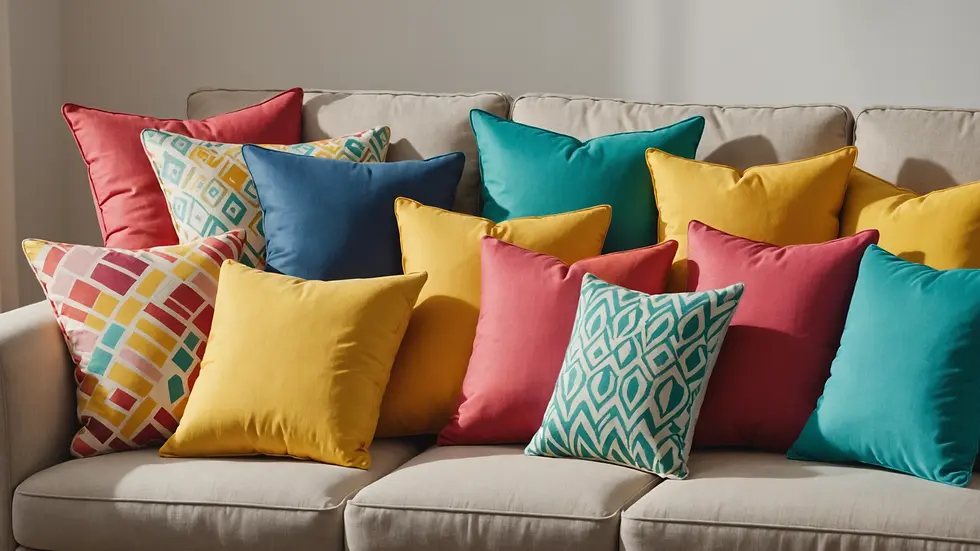 Eye-level view of a colorful assortment of throw pillows on a sofa