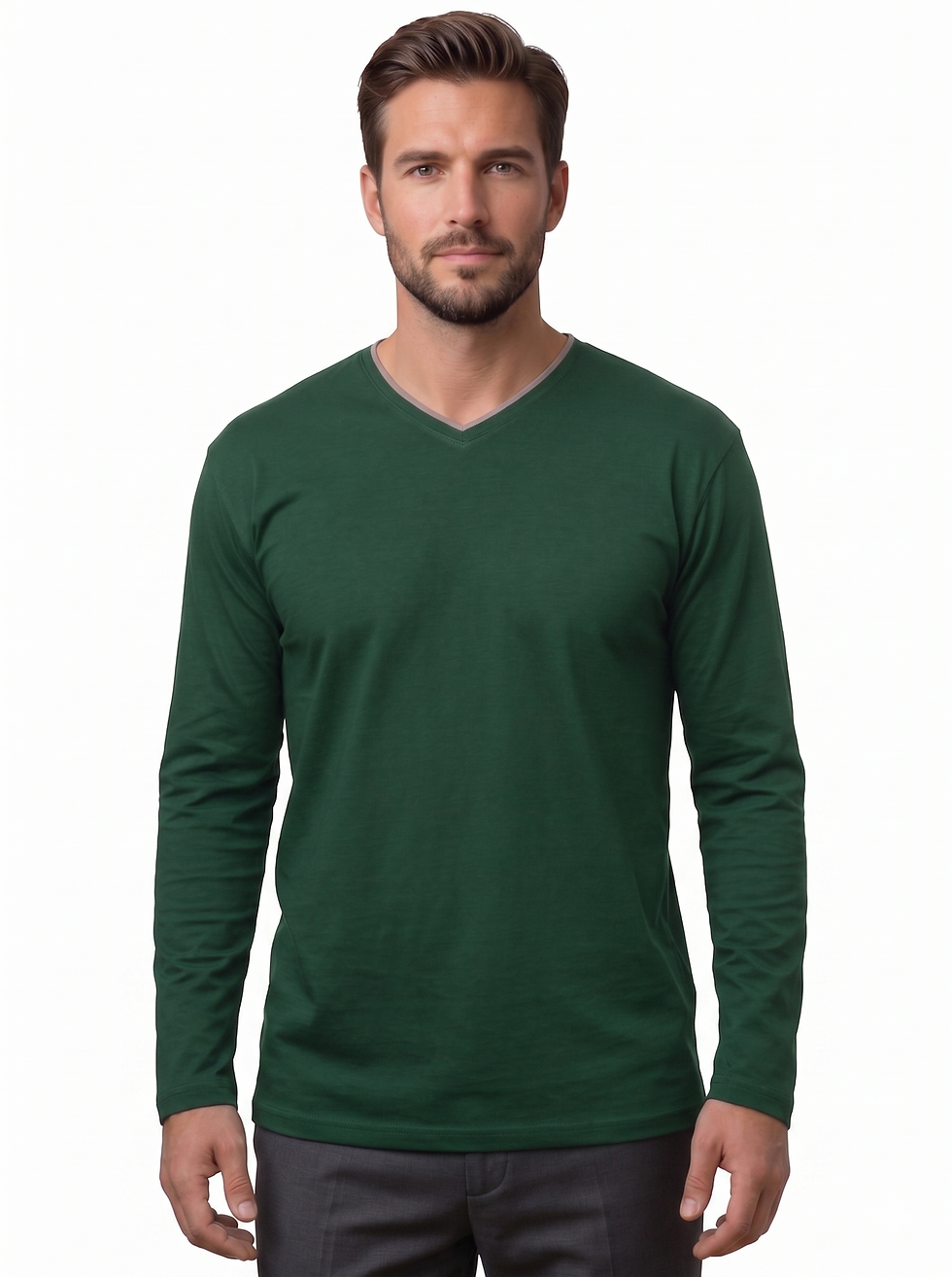 Miniatura: Camiseta Masculina Manga Longa Gola V Com Viés Algodão Fio Penteado 30.1 Casual