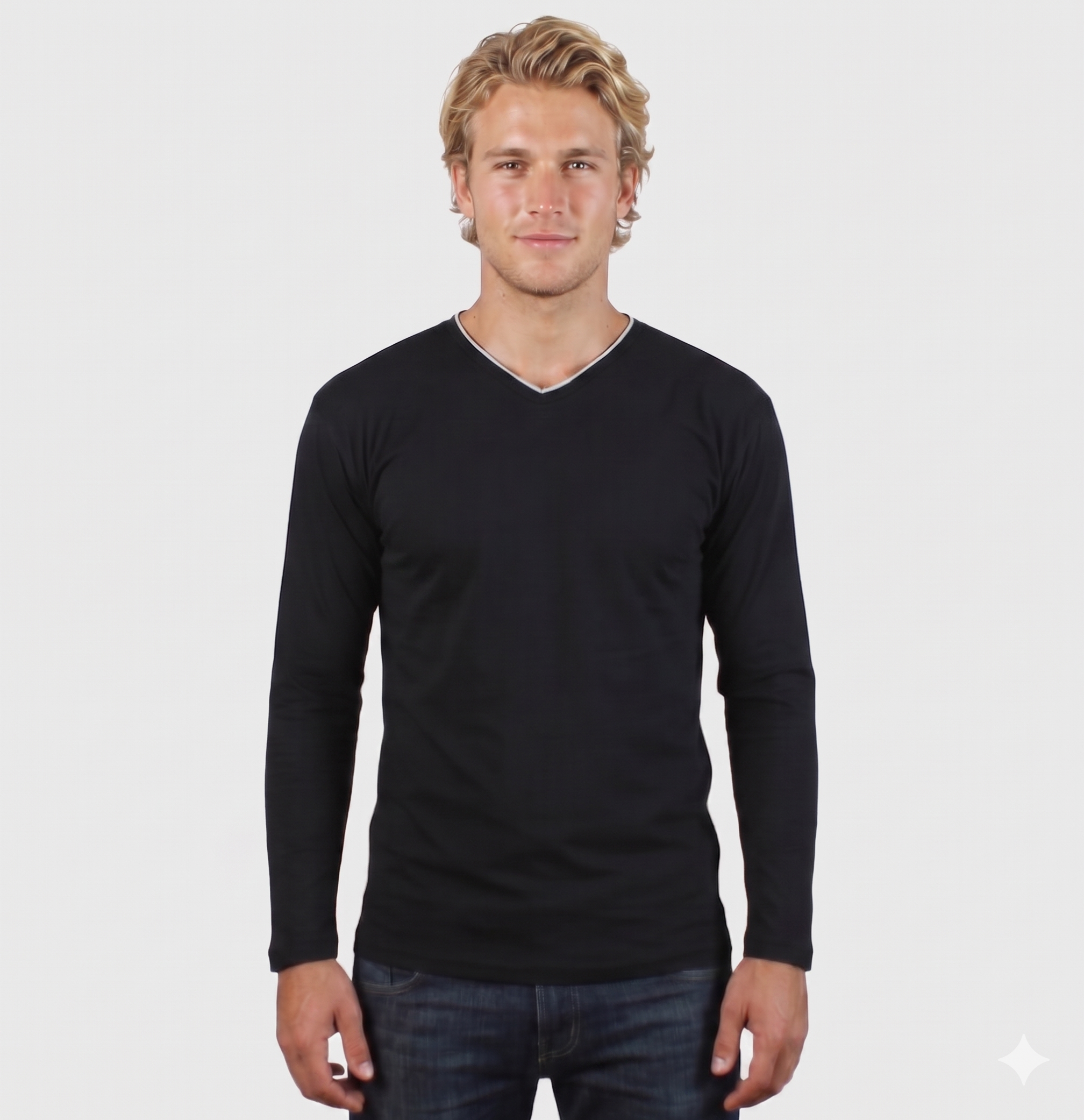 Camiseta Masculina Manga Longa Gola V Com Viés Algodão Fio Penteado 30.1 Casual