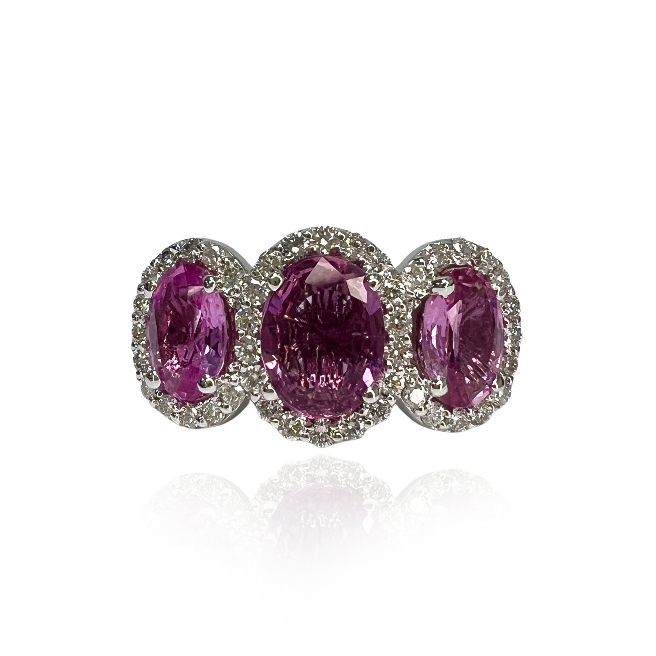 2.7 Carat Pink Sapphire Three Stone Halo Ring