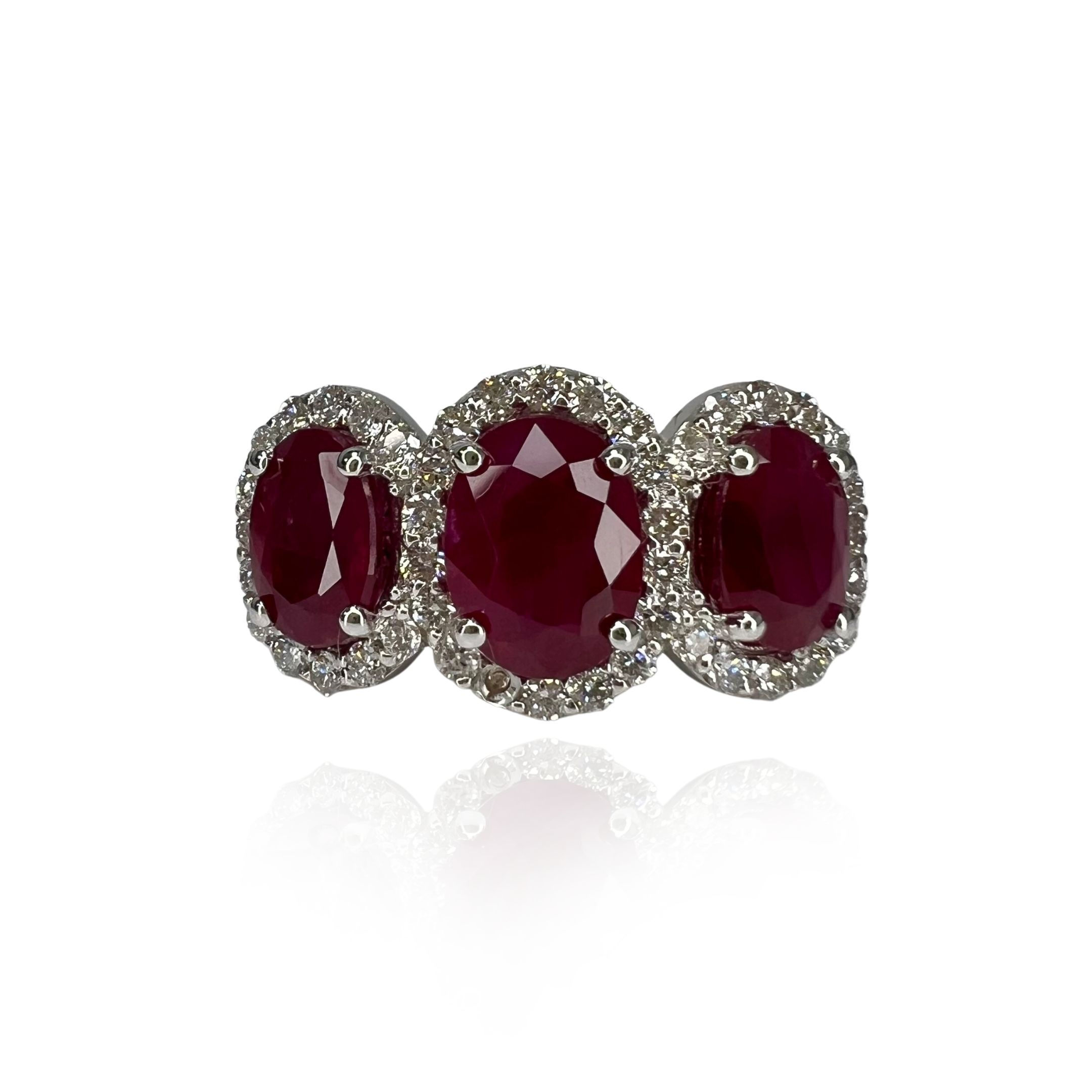 3.30 Carat Ruby Three Stone Halo Ring