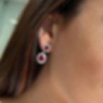 Thumbnail: 6 Carat Ruby Oval Dangle Earrings Diamond Halo