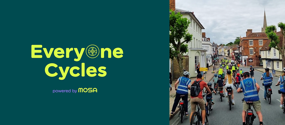 Cyclists ride through a quaint town.EveryOneCycles helps Community-led Cycle Sharing