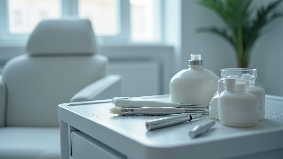 Close-up view of beauty therapy equipment arranged neatly on a treatment trolley