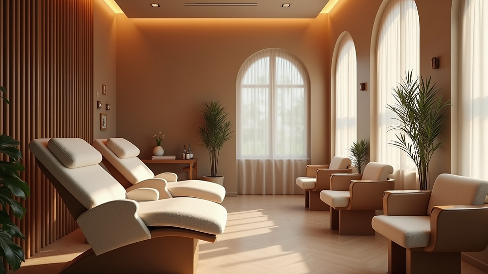High angle view of a beauty therapy salon interior with treatment chairs and ambient lighting
