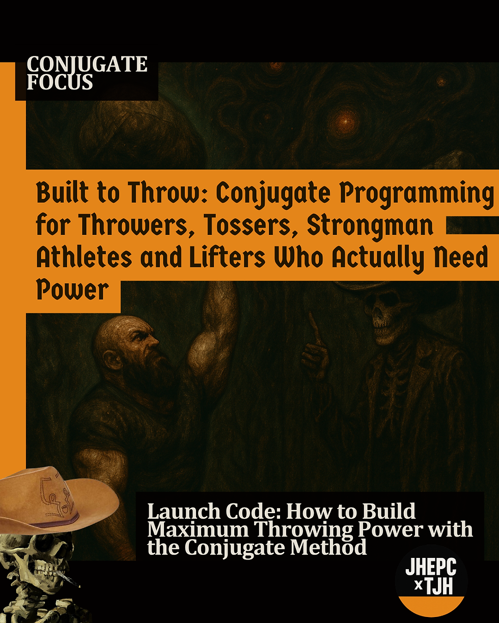 Man lifting a heavy ball beside a skeleton in a cowboy hat. Text: Built to Throw: Conjugate Programming for Athletes. Bold colors.
