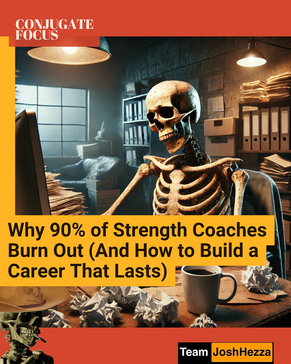 Skeleton at a desk with a computer, surrounded by papers and coffee. Text: "Why 90% of Strength Coaches Burn Out." Dimly lit office.
