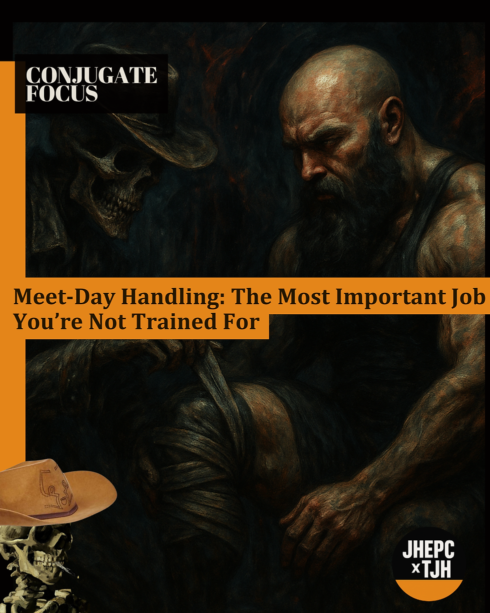 Man sitting pensively in dark setting with skeletal figure beside him. Text: "Meet-Day Handling: The Most Important Job You’re Not Trained For."