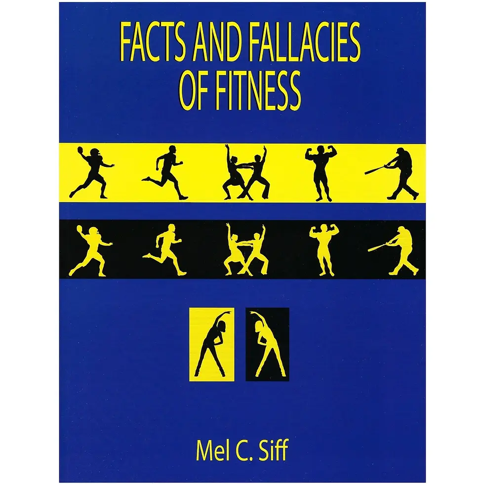 Book cover reading Facts and Fallacies of Fitness by Mel C. Siff, with black and yellow athlete silhouettes on a blue background.