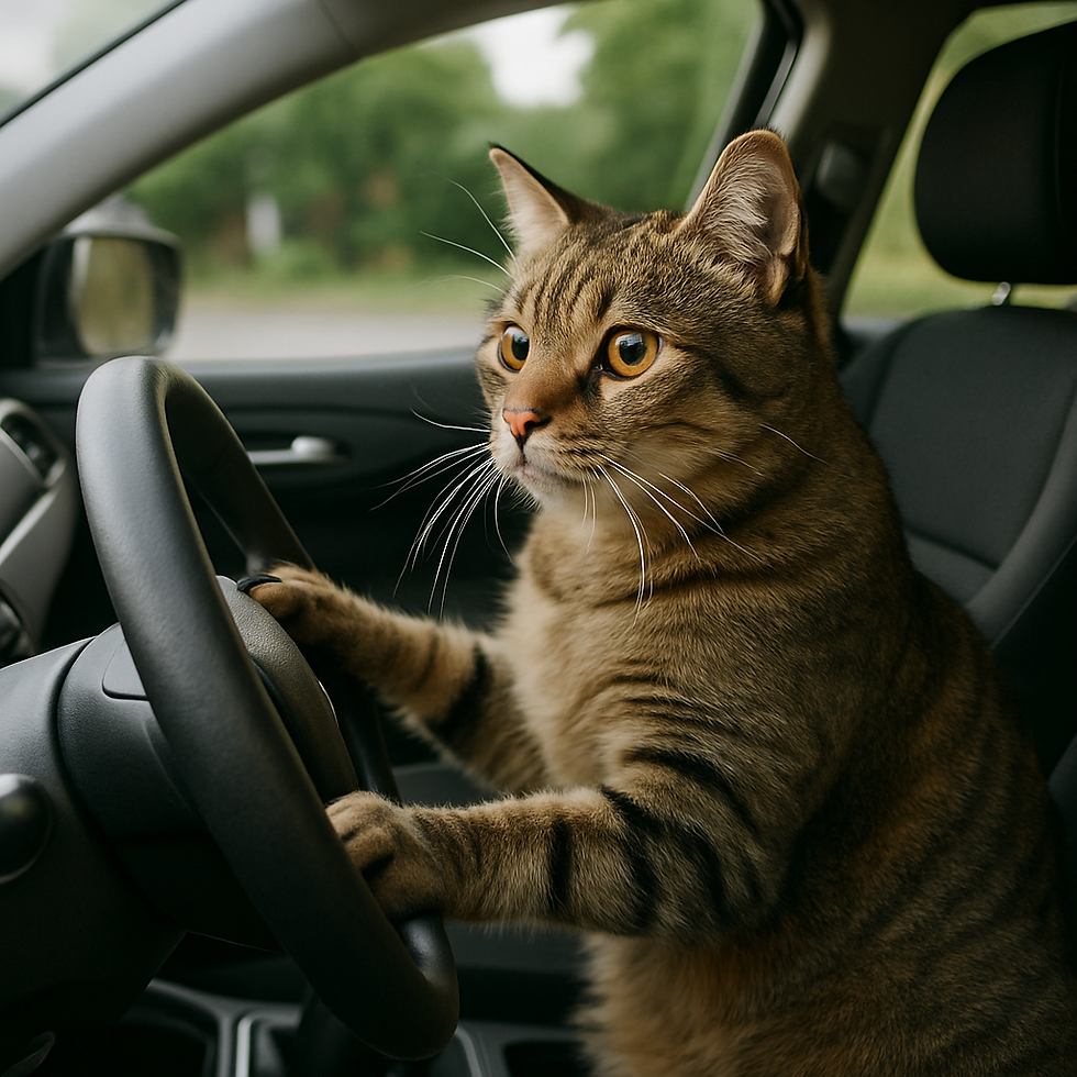 tabby cat with orange eyes behind the wheel inside a car