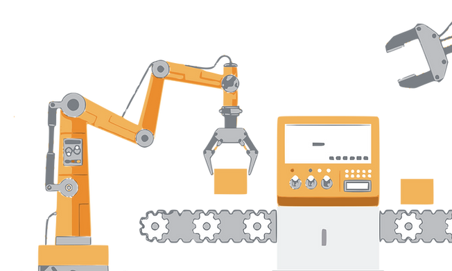an industrial illustration with a robot and a control panel