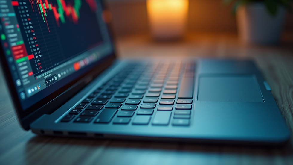Close-up view of a laptop keyboard and a smartphone displaying stock trading apps
