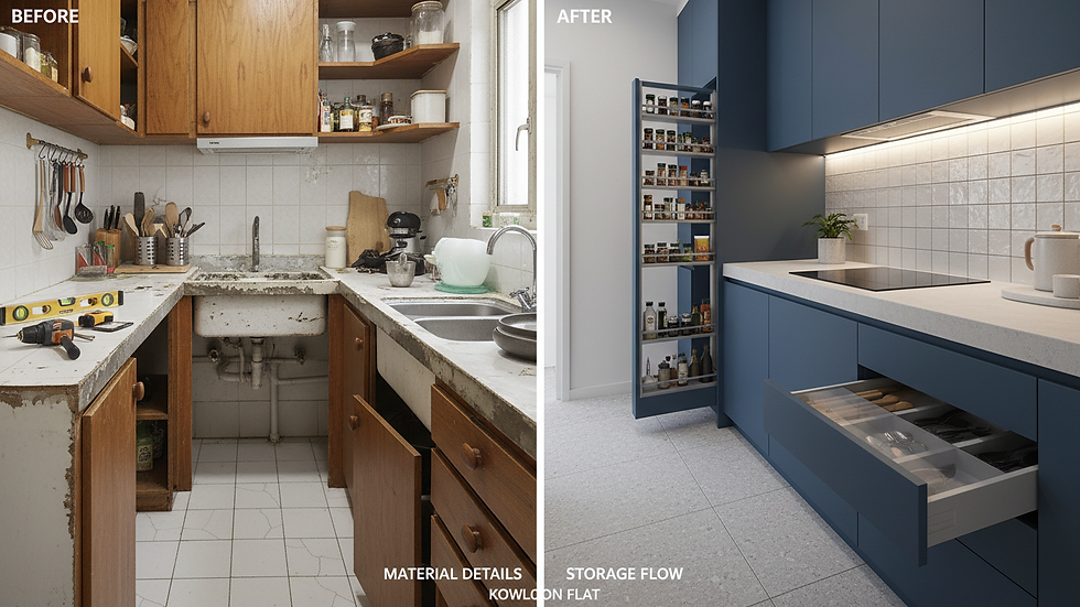 Close-up view of a kitchen renovation in progress in a Kowloon flat