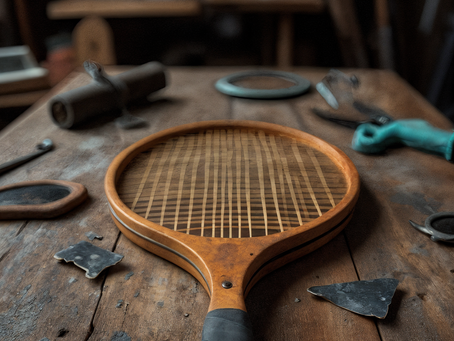Image of a wooden tennis racket on a workbench with toold around it