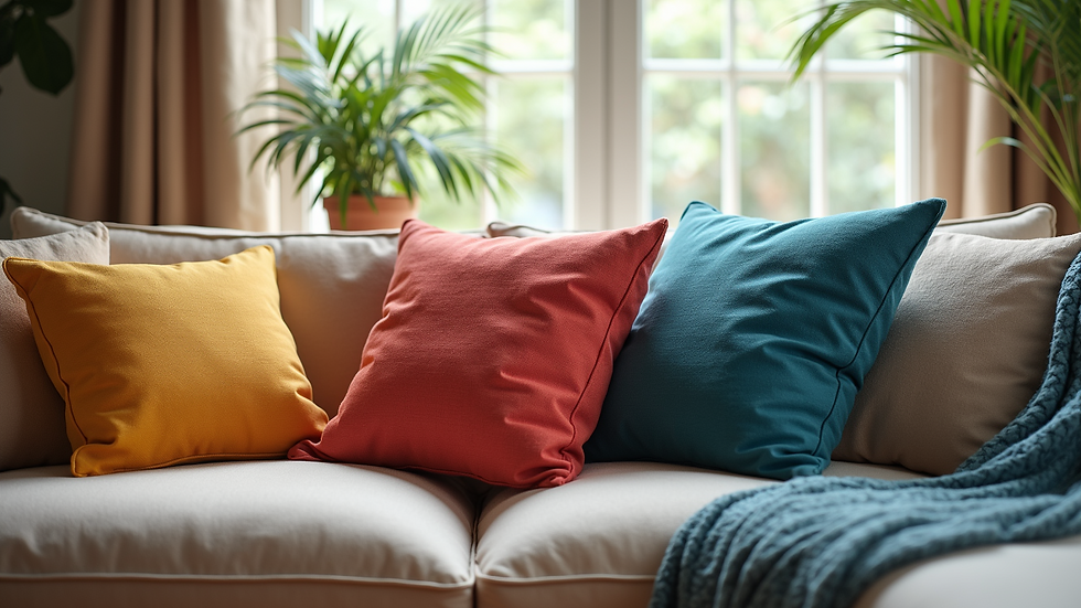 Eye-level view of colorful throw pillows arranged on a couch