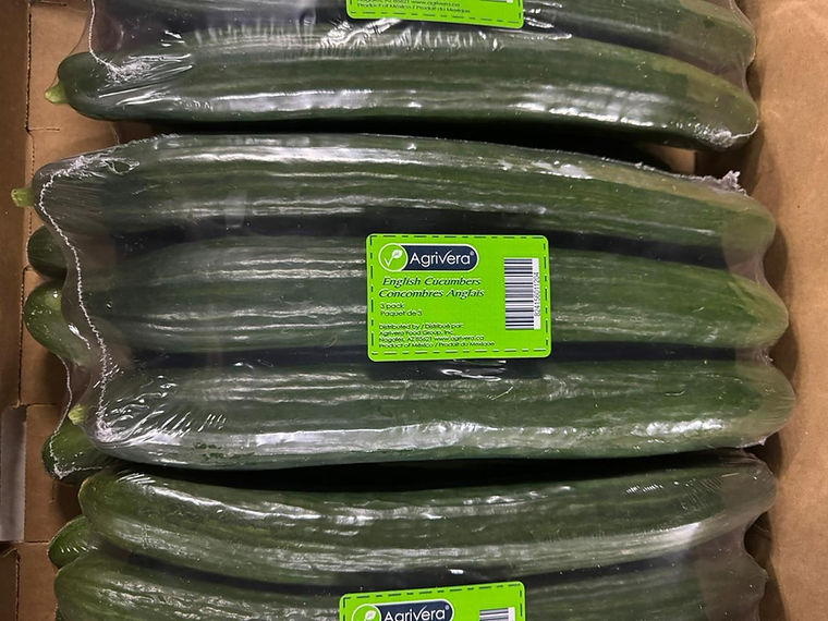 Wrapped English cucumbers in an Agrivera-labelled case